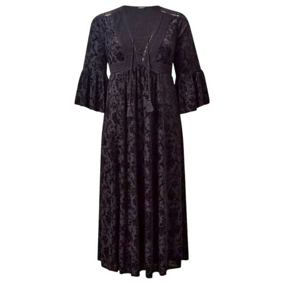 TORRID Black Sexy Lace Burnout Velvet Bell Sleeve MAXI Dress Plus Size 2X - Picture 4 of 16